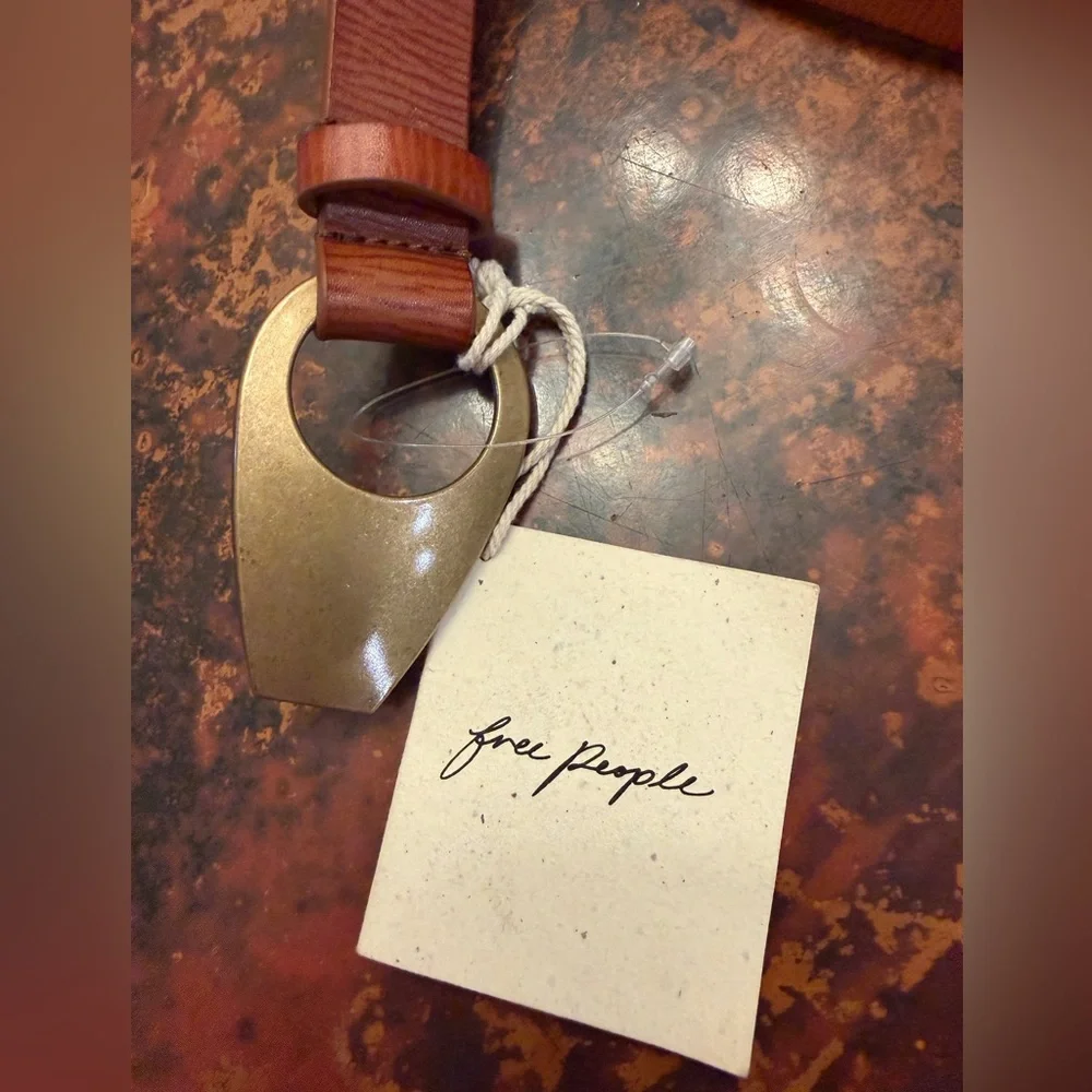 Free People Myra‎ Washed Brown Leather Belt w/ Brass Plaqued Buckle NWT